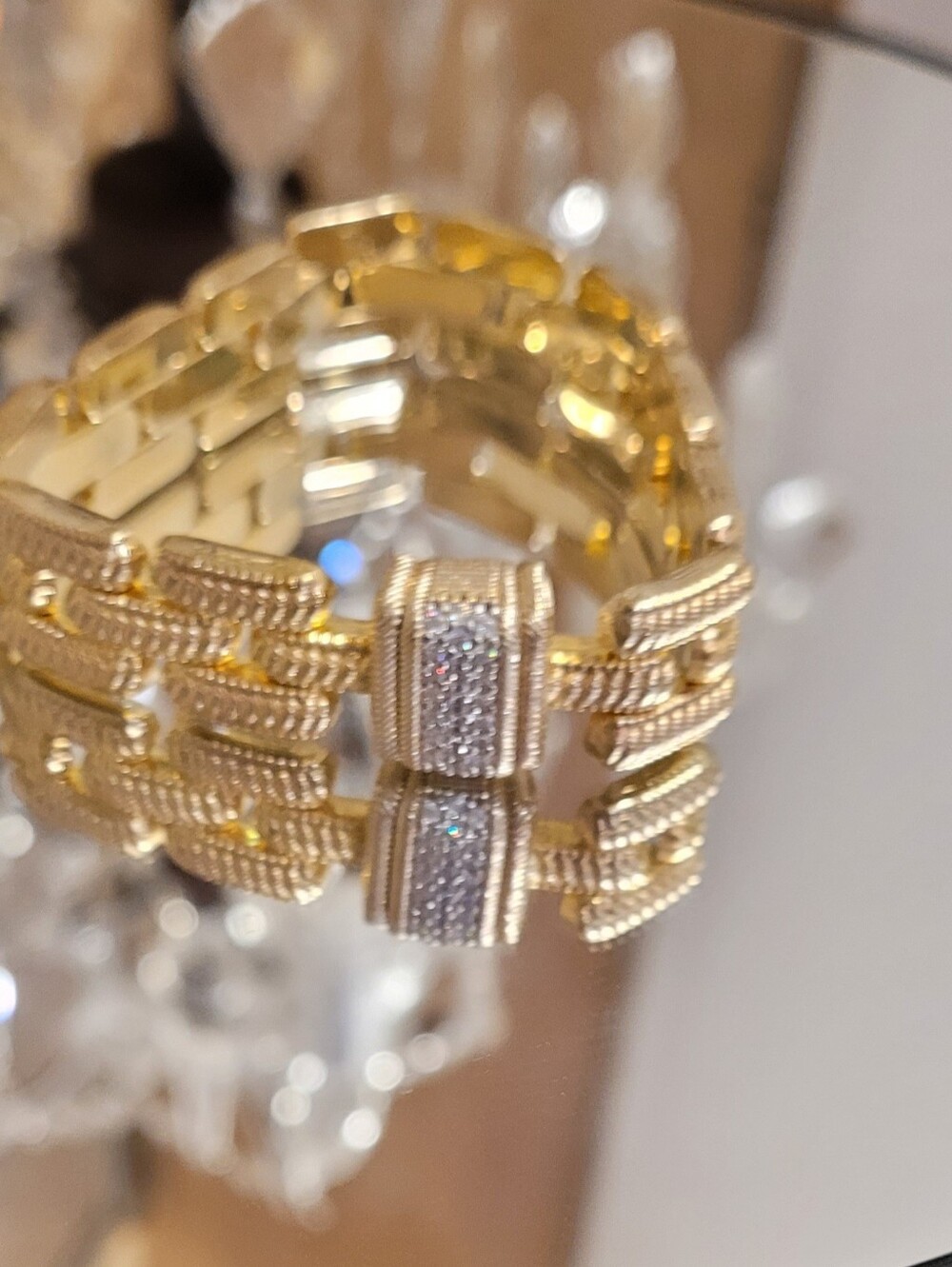 Luxurious Judith Ripka Unique style 14Kt Gold-Clad link bracelet. Diamonique